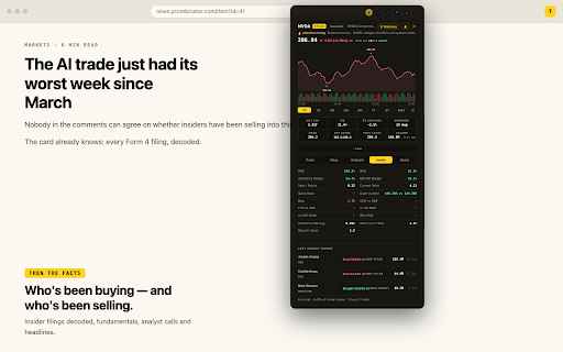 TickerPop :: Highlight a ticker on any page to see the price, chart, fundamentals, analyst calls and news. Works with any market. No account.