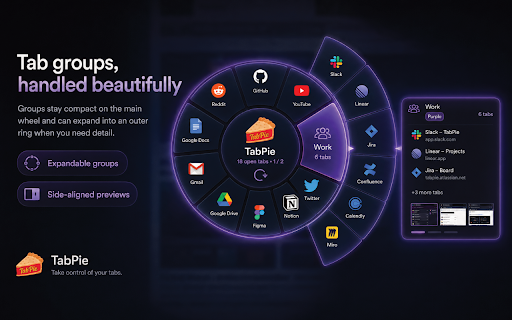 TabPie :: Search, preview, manage, and switch between open tabs and tab groups with a fast radial menu.