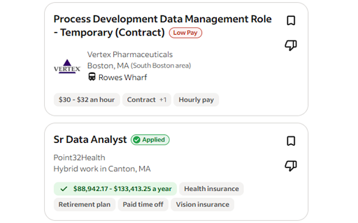 Job Checkmark :: Track which jobs you have applied to on LinkedIn and Indeed, see salaries at a glance, and filter out low-pay listings.