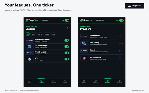 SnapLine - Fantasy Football Ticker :: Live fantasy scores over videos and webpages. Uses fantasy data provided by Yahoo Fantasy, plus ESPN and Sleeper.