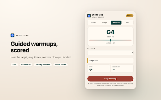 Suede Sing: Vocal Coach, Pitch Trainer & Vocal Range Test :: Free vocal coach in your browser: live pitch tuner, vocal range test, warmups, ear training, and a sing-along meter on YouTube.