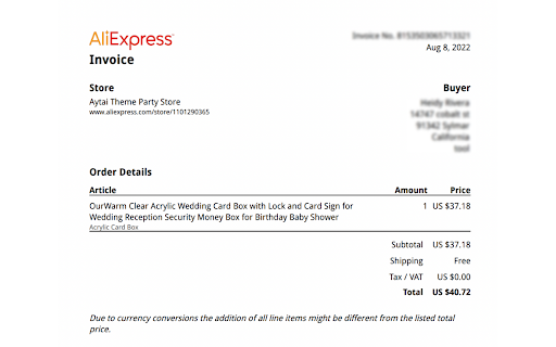AliVoice - Get AliExpress Invoice & Receipt :: Extract your AliExpress order details as a printable PDF file.