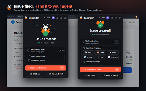 BugSnitch :: Capture page context and turn it into a focused GitHub or Linear issue, or a shareable link.