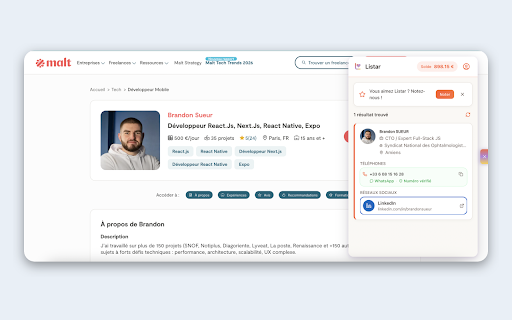Listar :: Verified emails and phone numbers on LinkedIn, Facebook, Malt, Doctolib. Export your LinkedIn searches and Sales Navigator lists.