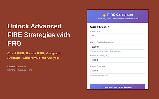 FIRE Calculator - Financial Independence :: Years-to-FIRE with real-return inflation + ACA 400% FPL cliff overlay for pre-Medicare bridge years. $10K/yr subsidy cliff. Free.