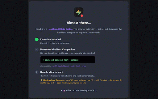 Conduit — The AI Data Bridge :: Structured browser data for AI agents. All data stays local on your machine with zero cloud dependencies.