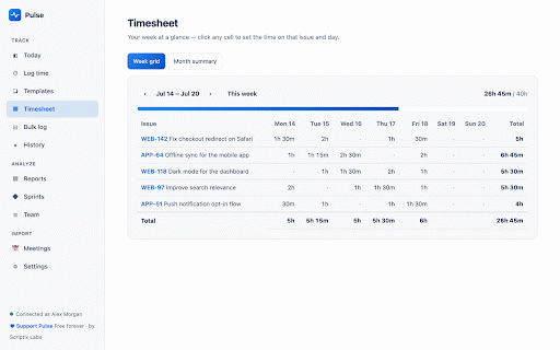 Pulse Companion — Log time to Jira :: Log time to Jira from any tab, with a popup and right-click menu. A companion to the free Pulse app for Jira.