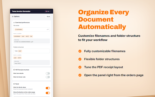Temu Invoice Generator :: Turn Temu orders into PDFs: purchase receipts and numbered accounting documents with items, sellers and VAT. 11 languages.