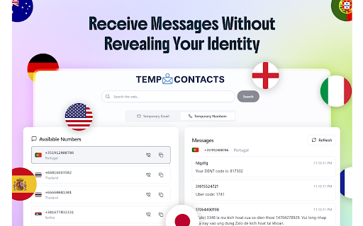 Temporary Contacts – Temp Phone Number and Temp Mail Instantly :: Instant Temp Phone Number and Temp Mail in every new tab — stay private, avoid spam, and protect your real contact info.