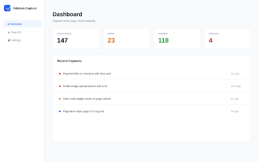 Yakdam Capture :: Capture every bug. Push instantly. AI-powered QA for Yakdam Capture.