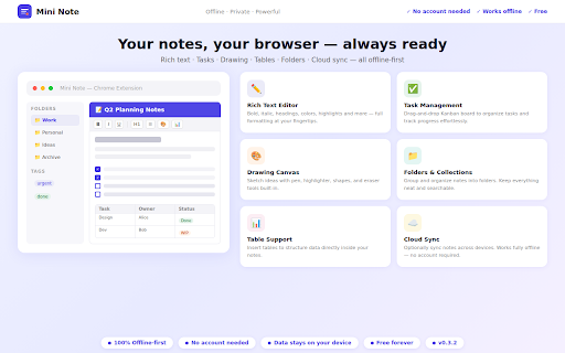 Mini Note :: Offline rich-text notepad with folders, tasks, draw, table support and cloud sync.