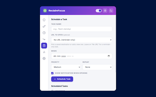 ReclaimFocus :: Block distracting sites, cap browsing time, filter keywords, schedule reminders, and reach focus. 100% local, no tracking.