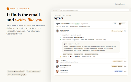 HumanInbox - Email Finder & AI Outreach Agent :: Email finder + AI agent: finds the email of any professional profile, writes the cold email, sends from your Gmail, follows up.