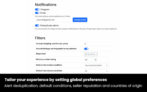 Discogs Notifier :: Get instant alerts when records from your Discogs Wantlist go on sale - with powerful filtering to find exactly what you want.