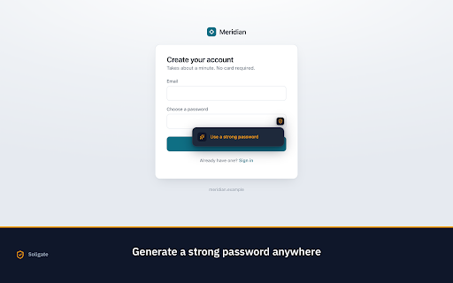 Soligate :: Zero-knowledge password manager: autofill logins, generate strong passwords. Vault encrypted on your device.