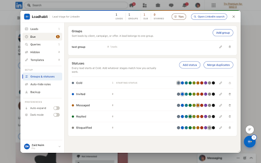 Leadhabit — LinkedIn Lead Tracker & Follow-Ups :: Save leads from your LinkedIn feed and searches, then track statuses, notes and follow-ups so no warm lead goes cold.