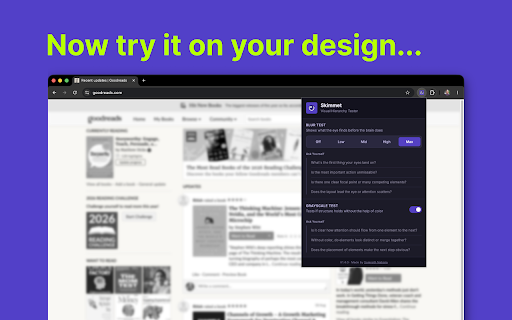 Skimmet – Visual Hierarchy Tester :: Users skim. Your design needs to work for that. Blur shows what skimmers find first. Grayscale proves structure holds without color.