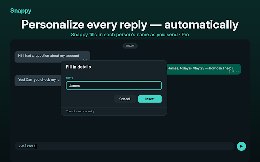 Snappy — Quick replies for WhatsApp Web :: Save replies and insert them with a click or /shortcut. You always send manually — no auto-send, no bulk, data stays local.