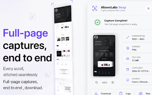 AkovoLabs Snap :: Capture full-page screenshots and extract any webpage into a ready-to-run React project with AI.