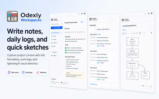 Odexly Workspaces – Visual Project Workspace :: Save tabs, notes, tasks, deadlines, daily logs, canvas sketches, and mind maps inside project workspaces.