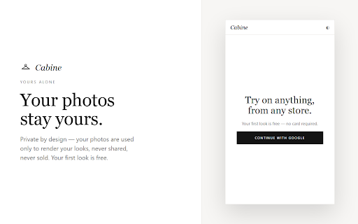 Cabine — Virtual Try-On :: The fitting room in your browser. Try on clothing from any store on your own photos — paste a link or right-click a product.