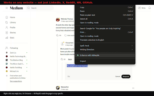 HitReplAI — AI LinkedIn Comments :: Generate AI LinkedIn comments in tones matched to your intent. 5 free/day, no account needed.
