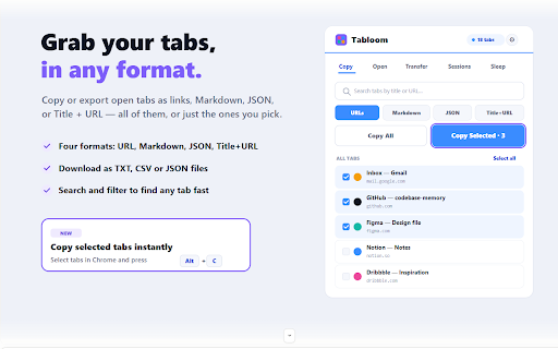 Tabloom: Tab & Session Manager :: Save & restore tab sessions, auto-suspend idle tabs to free RAM, copy or export open tabs, and sync sessions across devices.