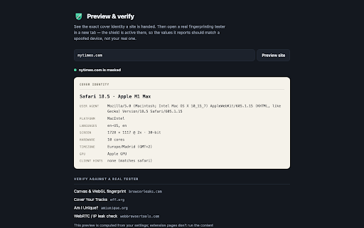 Anti-Fingerprint Shield :: Per-site browser fingerprint spoofing: consistent fake identities for trackers, real values for sites you trust.