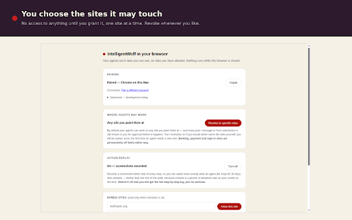 IntelligentWolf :: Lets your IntelligentWolf agents act in your own browser, in tabs you can see, on sites you have allowed.