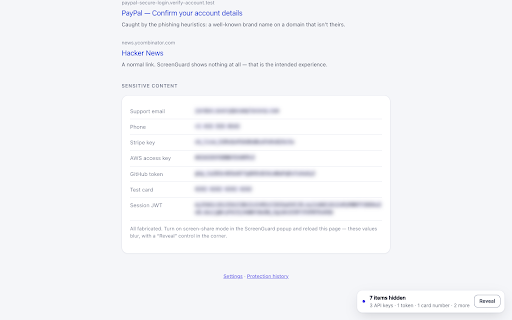 ScreenGuard – Blur Sensitive Info When Screen Sharing :: Blurs emails, card numbers and API keys while you share your screen on Zoom, Meet or Teams, and stops risky links before they open.