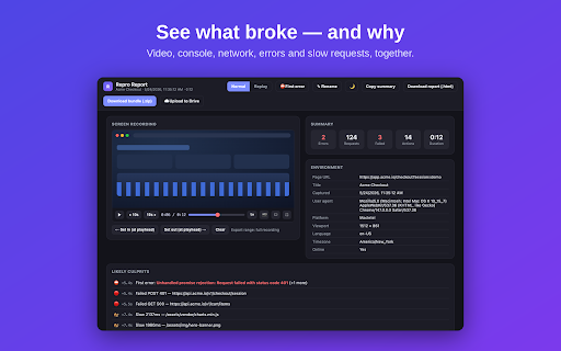 Repro — Capture & replay frontend bugs :: Capture a frontend bug once, then replay it. One click records screen, console, network, actions and storage to find the bug.