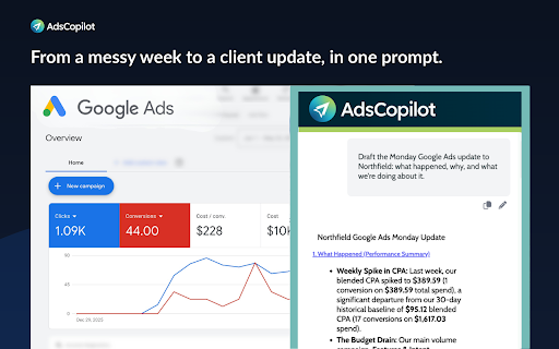 AdsCopilot: AI for Google Ads, Meta Ads & More :: Free AI assistant for media buyers. Client-specific memory, native Google and Meta Ads integrations, works on any ad platform.
