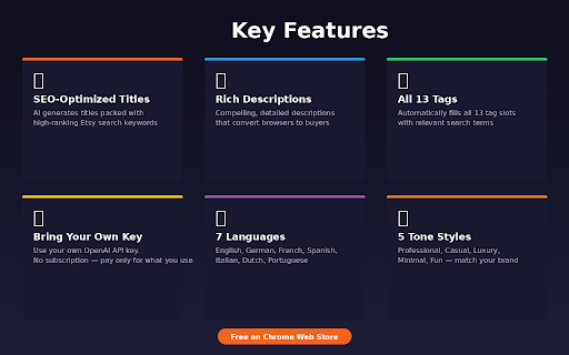 EtsyCraft AI — SEO Listing Generator for Etsy :: Generate SEO-optimized Etsy titles, descriptions & 13 tags with AI. Uses your own OpenAI key.