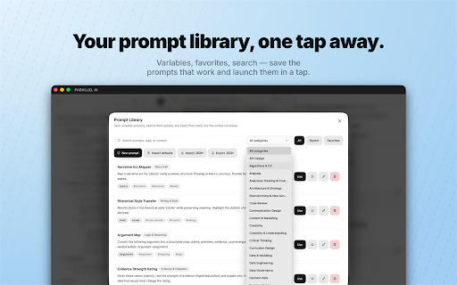 Parallel AI :: Compare AI assistants side by side in one window. Send one prompt and review responses faster.