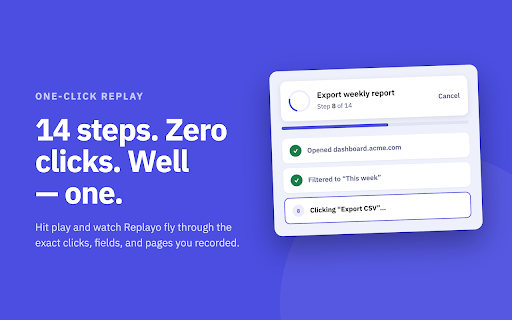 Replayo: Macro Recorder & Web Automation :: Free macro recorder & no-code browser automation. Record clicks, typing and form fills on any site, then replay or schedule them.