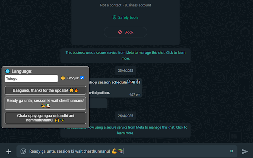 ChatGPT API Smart Replies for WhatsApp :: Generates 3 smart, AI-powered replies for WhatsApp Web messages in multiple languages using the ChatGPT API.