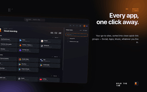 Hold The Tabs - Tab Manager, Spaces, Sessions & New Tab :: Tame tab overload. A tab manager & new tab page with Spaces, drag-to-save collections, dedupe, sessions & tasks. Import from Toby.