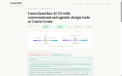 FrameDial :: Quick Read any article in 30 seconds. See your analytical blind spot. Reframe through 7 value-based frames.