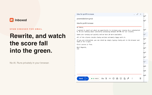 HitSend - Spam Checker for Gmail :: See a live spam-risk score as you write in Gmail. HitSend flags what trips spam filters - with one-click fixes. Private, no AI.