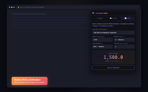 Decision Deck :: Decision journal, RICE prioritization calculator & decision log for Product Managers and Technical Program Managers. 100% private.