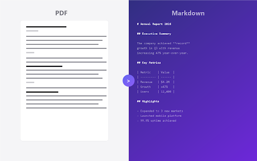 Markify — PDF to Markdown :: Convert PDFs to clean, formatted Markdown. Preserves headings, lists, tables, and inline formatting.