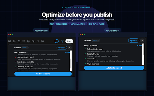 GrowthX Pro :: Reply on X without leaving the thread. Highlight text or open a reply box, pick a tone, fill your draft. You always send.