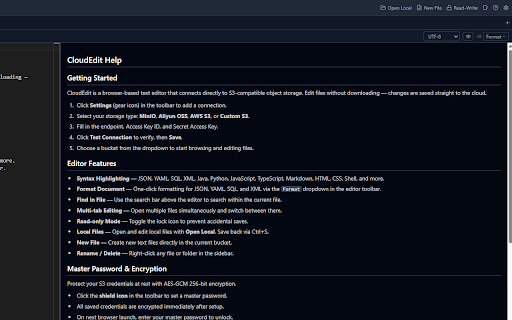 CloudEdit :: Edit files on S3 storage (MinIO, OSS, AWS S3) from your browser. Encrypt credentials, format code, multi-tab.