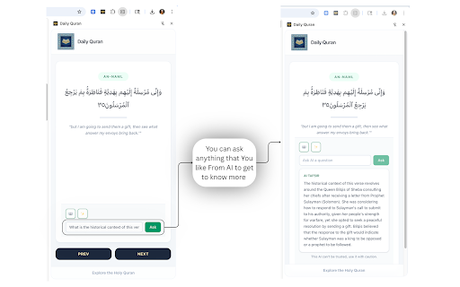 Daily Quran :: Read and navigate Quranic verses in a side panel with tafsir and AI reflection.