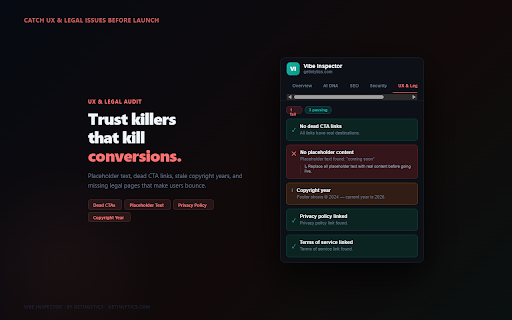 Vibe Inspector by GetInlytics :: Pre-launch audit for vibe-coded sites. Detects AI builder, checks SEO, UX, security & consent banner. Free by GetInlytics.