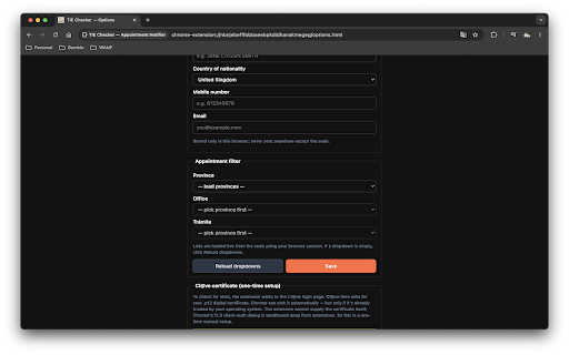 TIE Checker — Appointment Notifier :: Checks Spanish Cita Previa Extranjería for appointment availability and notifies you when slots open.