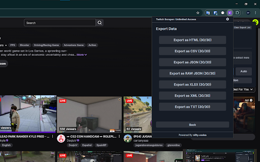 Twitch Scraper: Export Channels, Streams, Chat & more :: Scrape Clips, Schedules, Users, and more from Twitch, with options to export in formats such as CSV, Excel, JSON and others