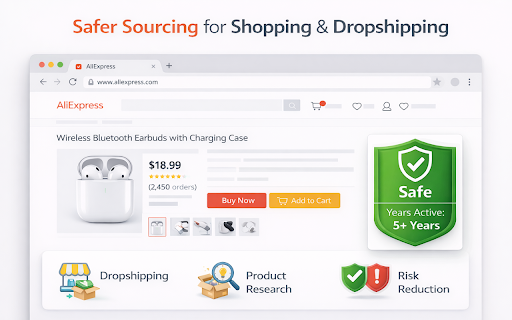 AliExpress Seller Trust Meter :: Check seller trust score instantly on AliExpress. Features a simple green/red indicator and Years Active display.