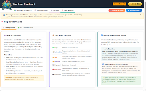 Vine Scout: Order Tracker & Review Manager for Amazon Vine™ :: Sync Amazon™ Vine™ data to your personal dashboard. Track orders, evaluate account status, track resales, and handle support.