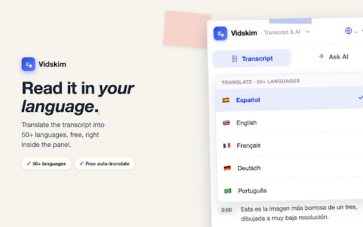 Vidskim: YouTube Transcript, Summary, AI Chat :: Free, unlimited transcript for any YouTube video. Summarize & chat with AI. Timestamps, translate, export.